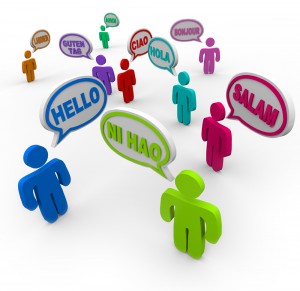 Many people speaking and greeting each other in different international languages saying hello in their native tongues